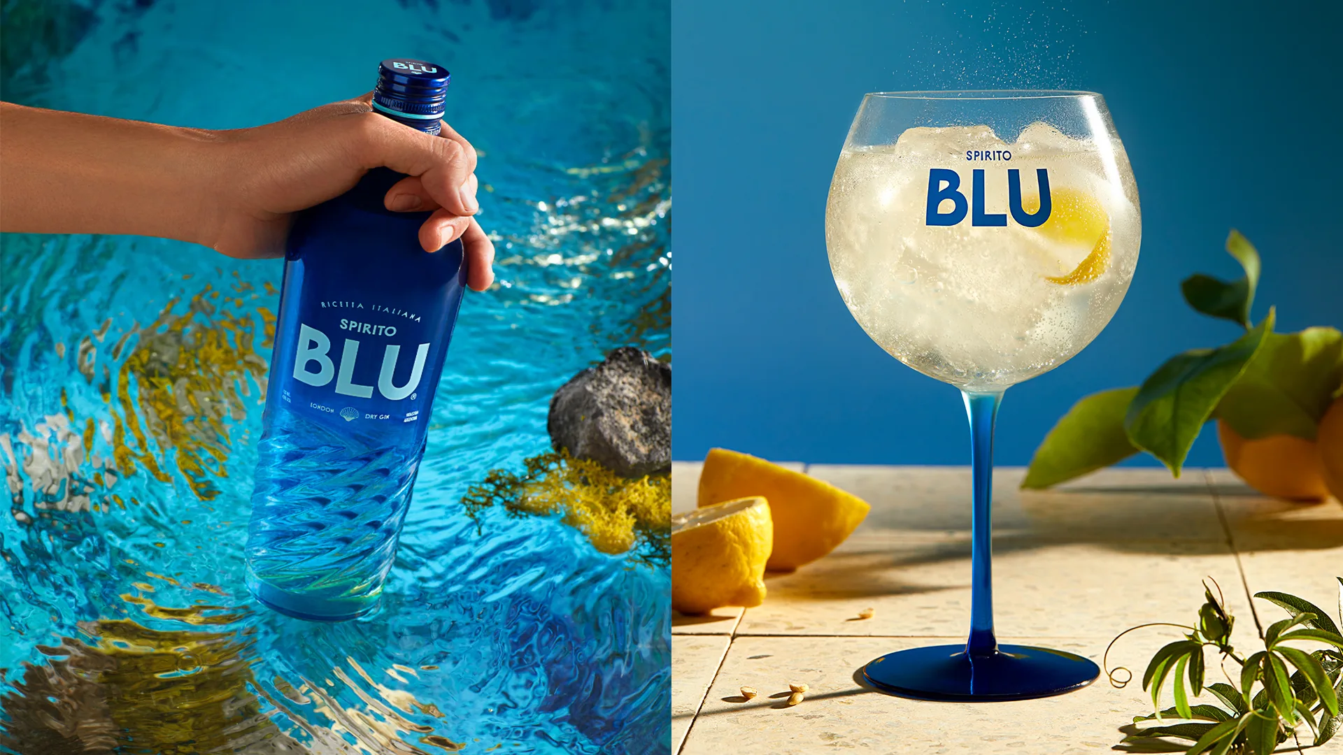 Botella de Spirito Blu en el agua y copa de gin tonic