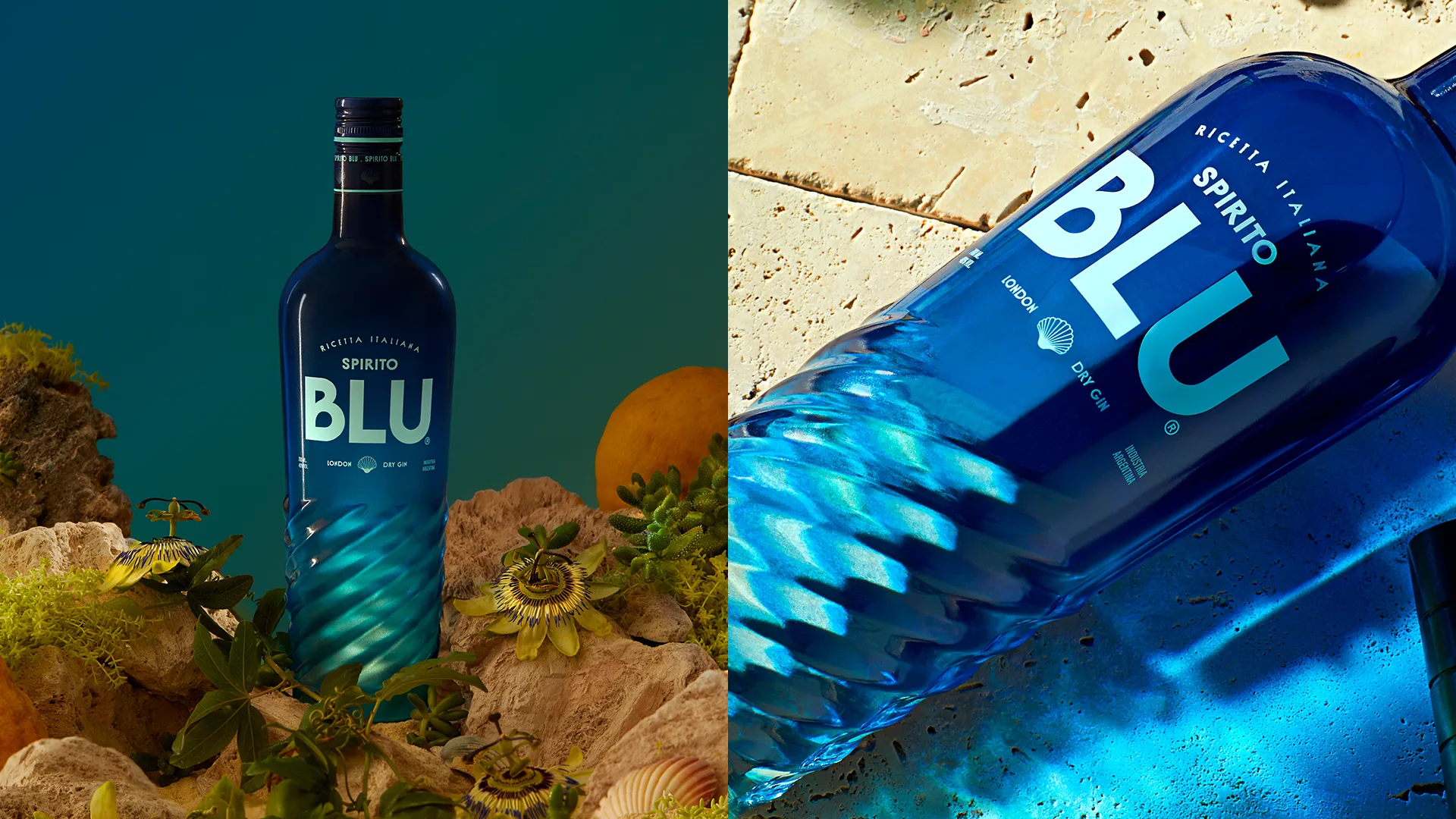 La botella de Spirito Blu: vidrio esculpido con textura de agua