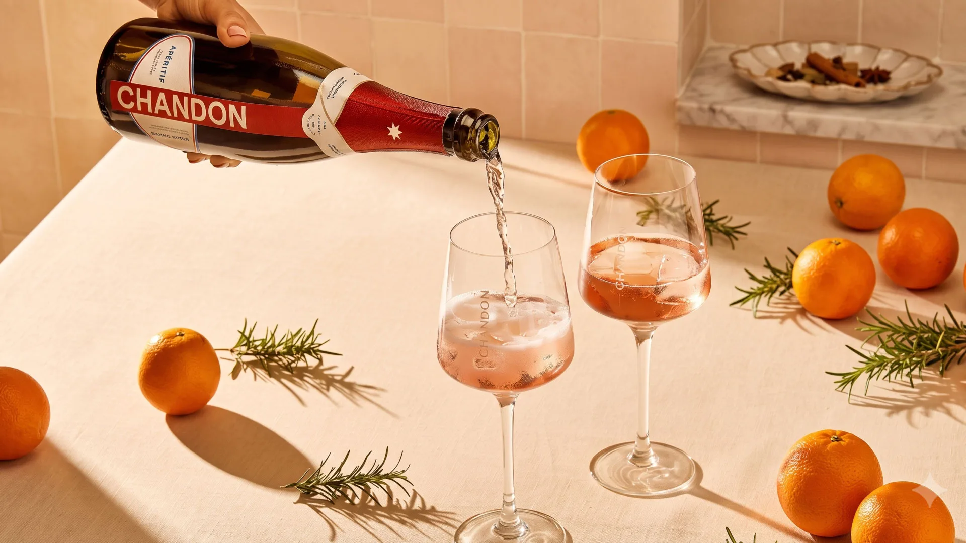 Chandon Apéritif servido en copas, entre naranjas y romero
