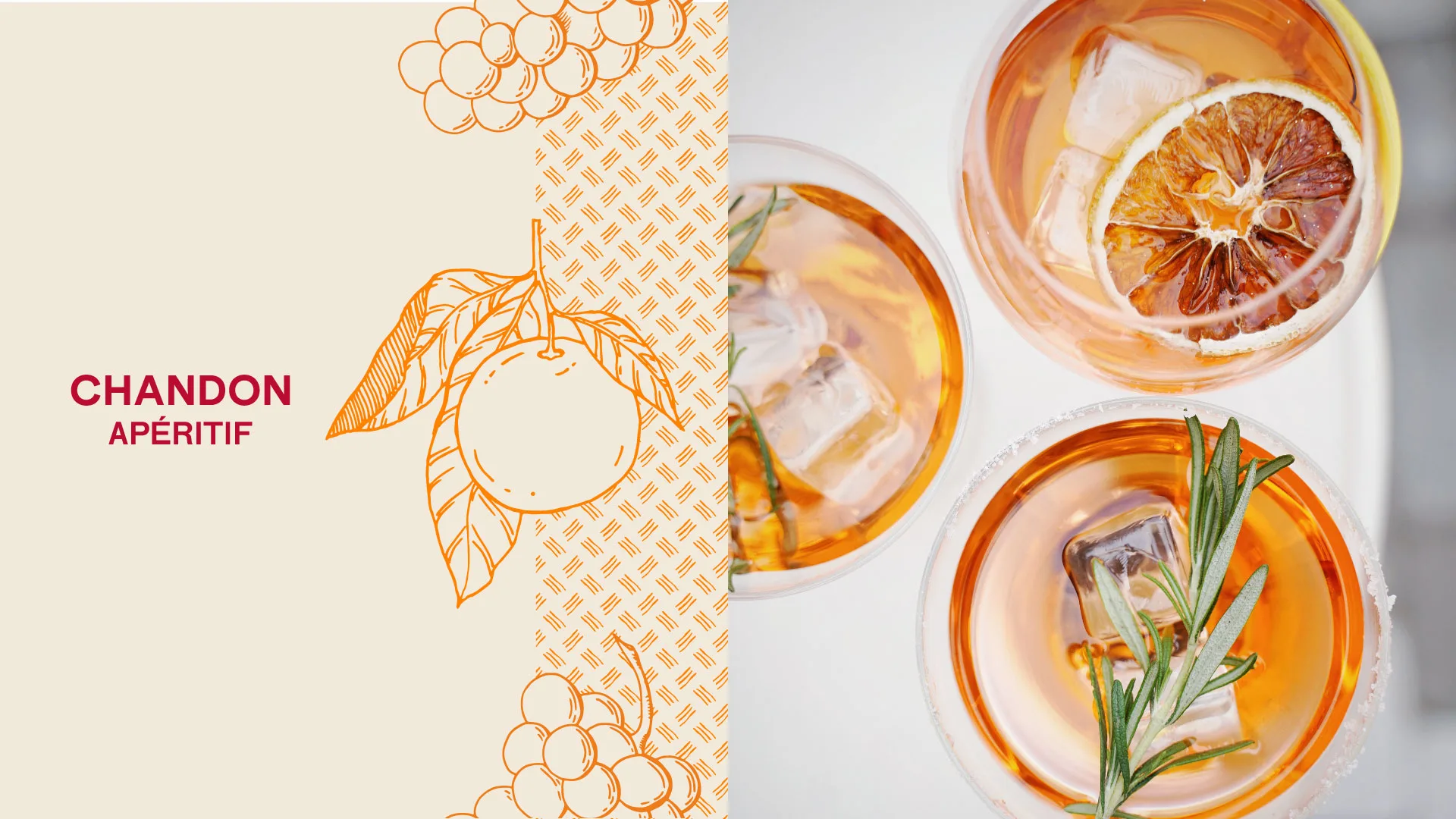 Identidad de Chandon Apéritif: ilustraciones de naranja y copas al sol