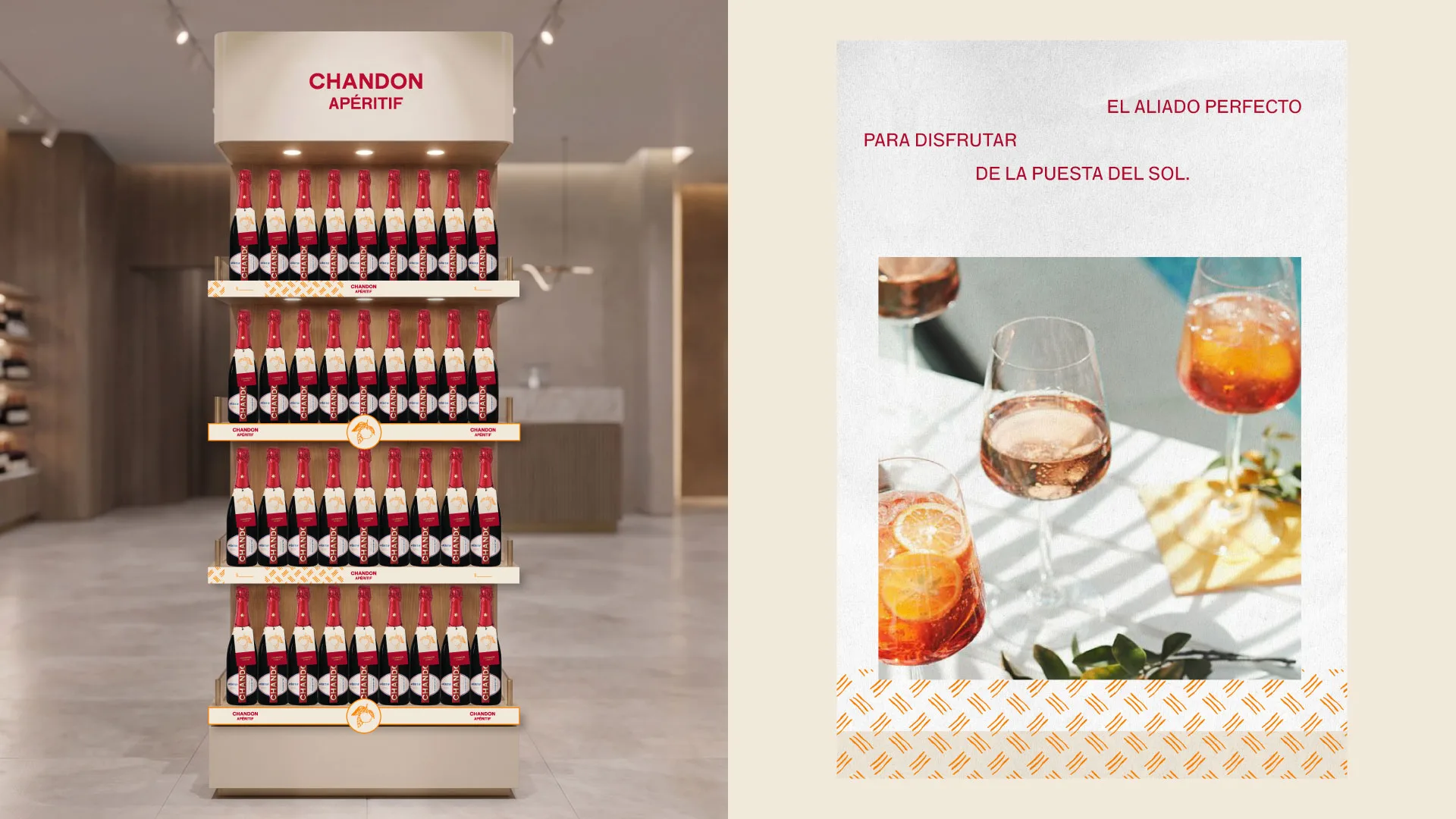 Chandon Apéritif en punto de venta: exhibidor y afiche «El aliado perfecto para disfrutar de la puesta del sol»